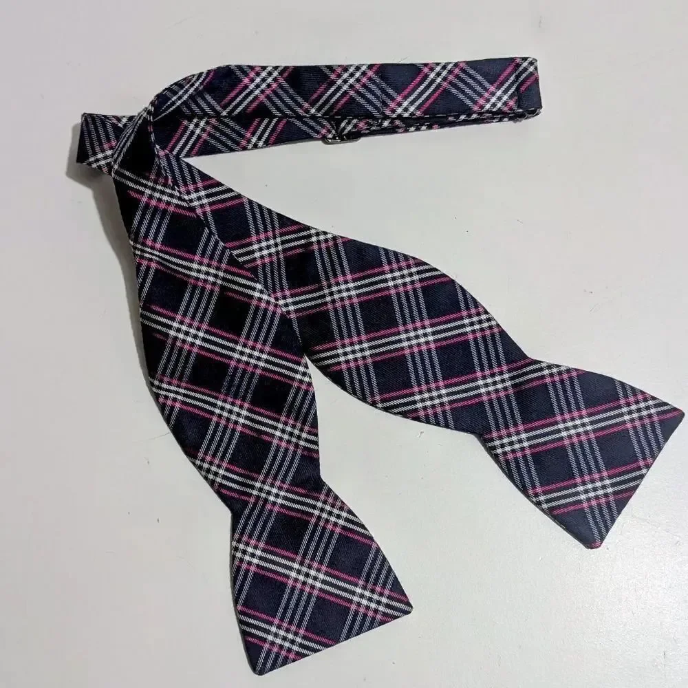 Beau Ties Ltd 100% Silk Wide Plaid Blue Adjustable Self Bow Tie Handmade In USA
